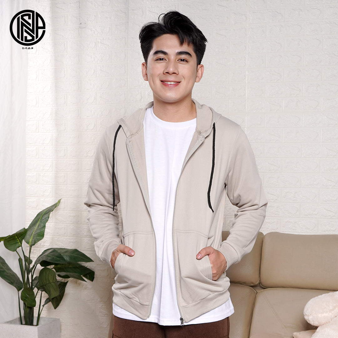 INSPI Plain Hoodie Jacket For Men with Pockets and Zipper Korean Tops For Women Light Khaki.
