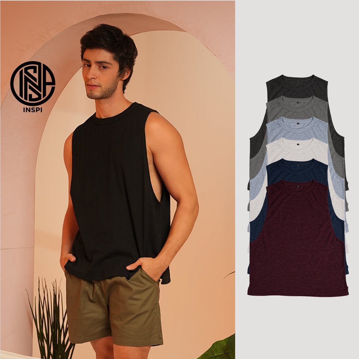 INSPI Waffle Muscle Tee Dark Gray Sando for Men Plain Sleeveless Tank Top Gym Workout Exercise Beach Outfit