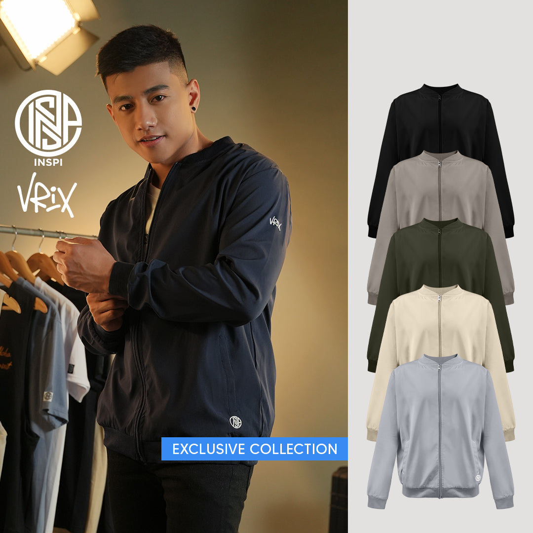 INSPI x Vrix Bomber Jacket Light Gray for Men w/ Zipper and Pockets Plain Korean Style Motorcycle Jackets