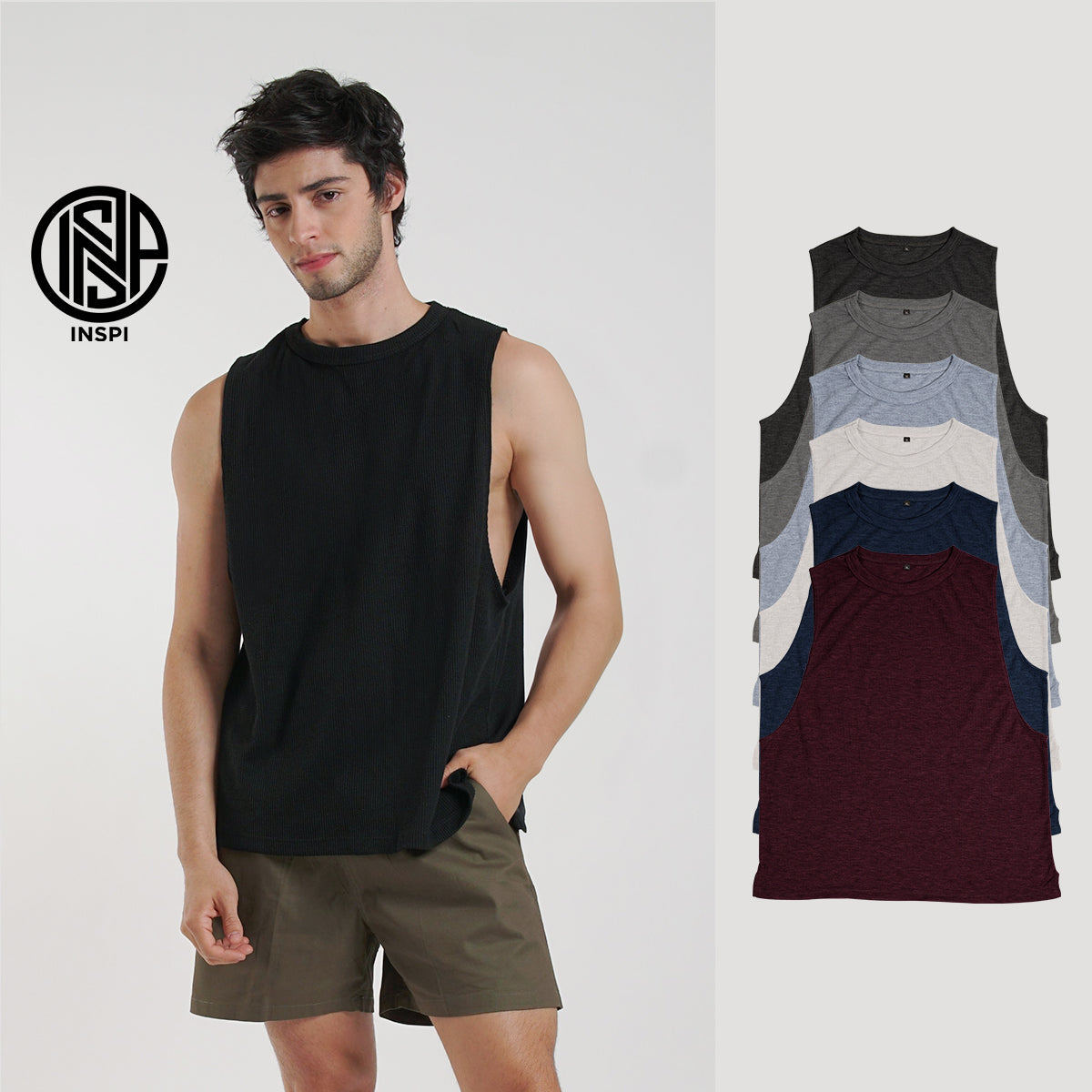 INSPI Waffle Muscle Tee Ivory White Sando for Men Plain Sleeveless Tank Top Gym Workout Exercise Beach Outfit