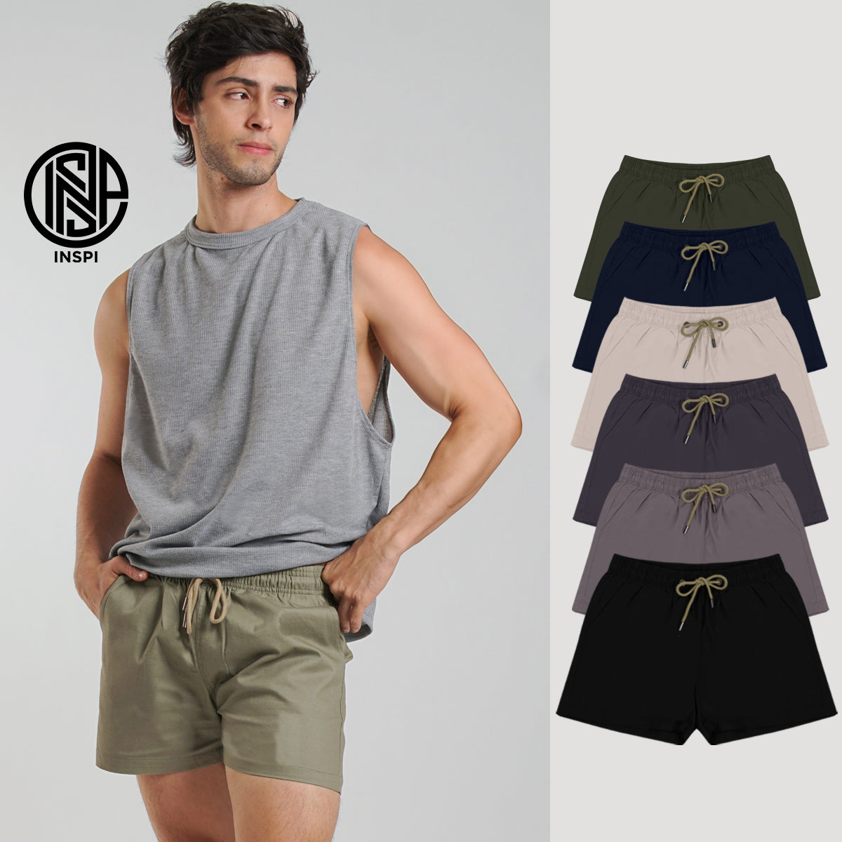 INSPI Twill Shorts Olive for Men with Side Pockets Drawstring Korean Above the Knee Short for Women
