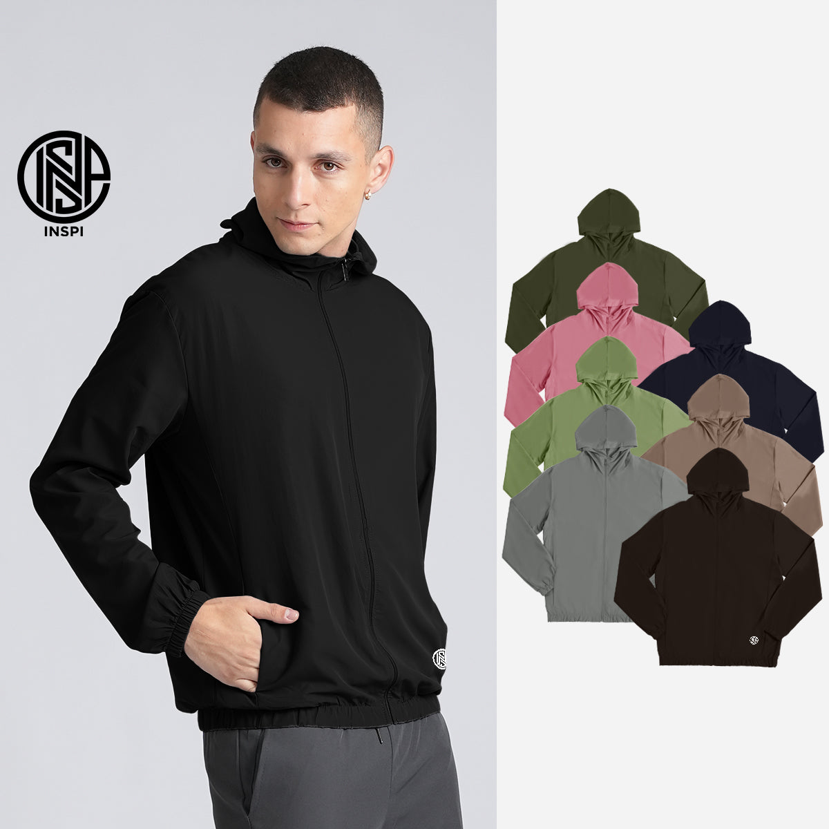 INSPI Originals Windbreaker Bomber Jacket for Men & Women w/ Zipper & Pockets Quick-Dry Hoodies Plain Motorcycle Coat 8