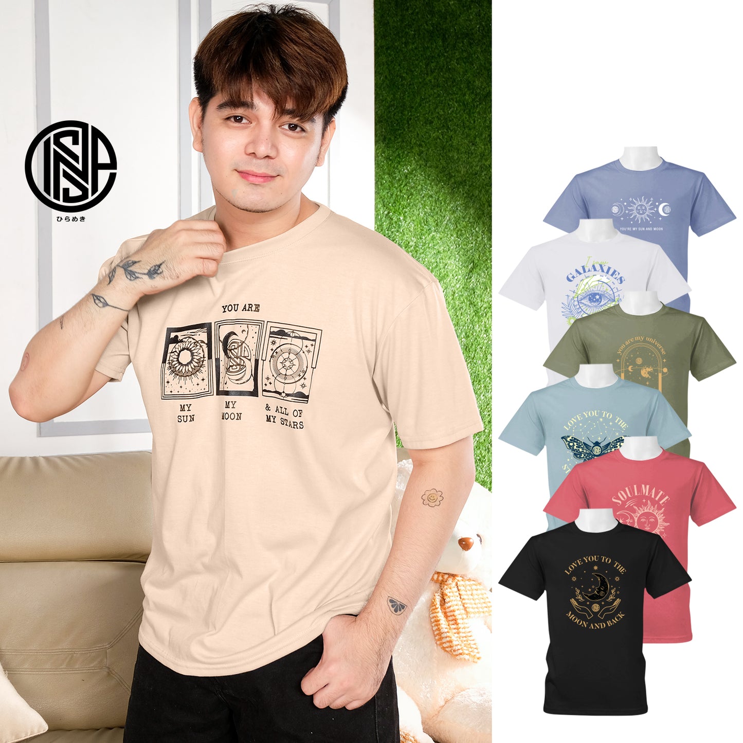 INSPI Tees Celestial Tshirt for Men Aesthetic Galaxy Crew Neck Tops for Women Moon And Back Graphic Tee