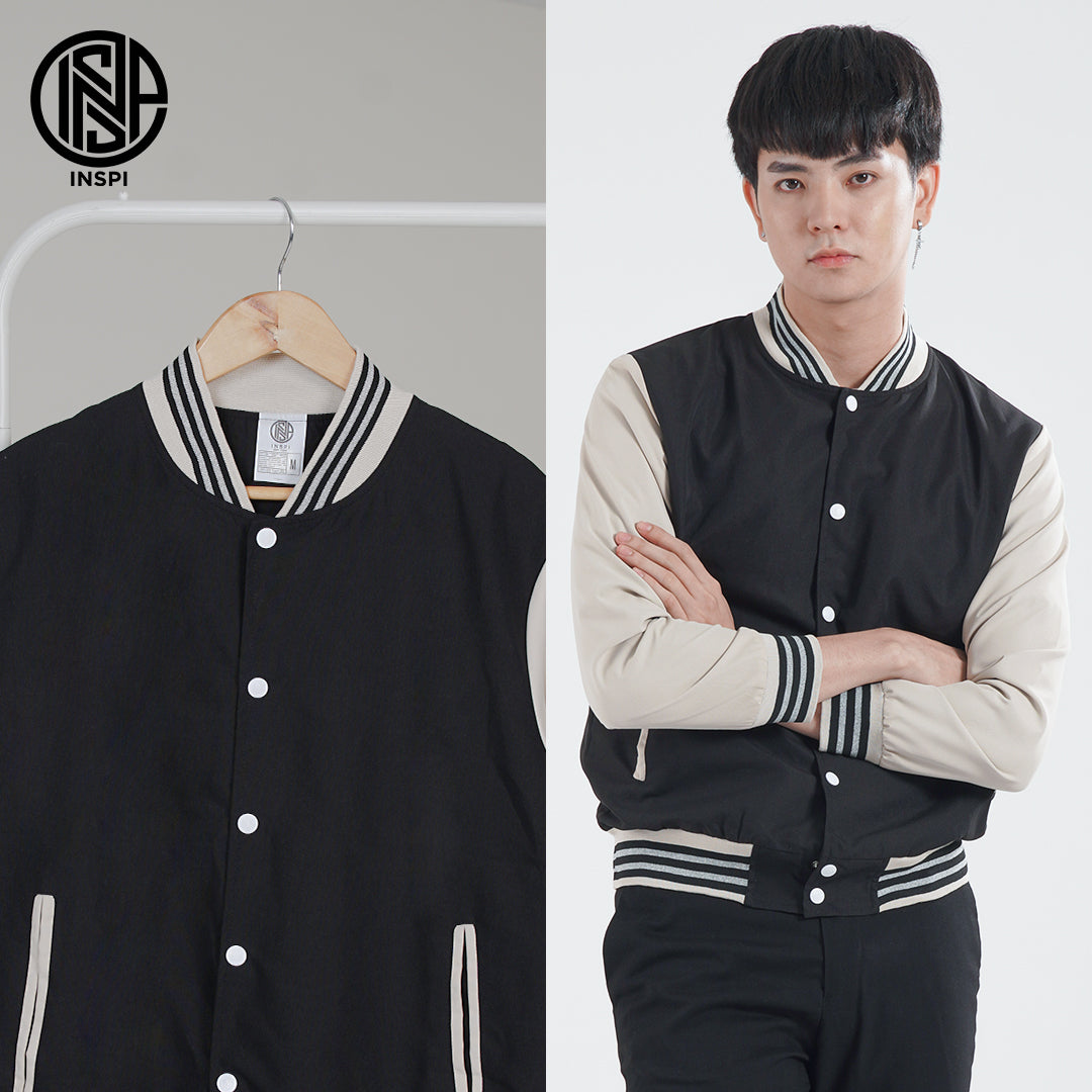 INSPI Varsity Jacket Black For Men and Women with Buttons and Pockets Korean Bomber Baseball Jersey Line