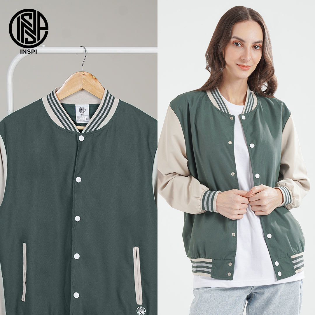 INSPI Varsity Jacket Forest Green For Men and Women with Buttons and Pockets Korean Bomber Baseball Jersey Line
