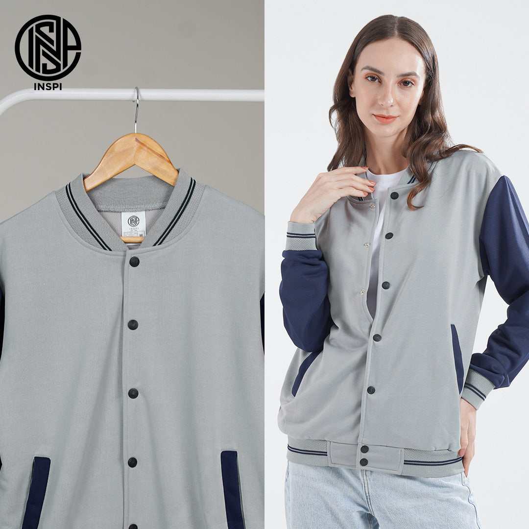 INSPI Varsity Jacket Baseball Gray Jersey For Men and Women w/ Buttons and Pockets Korean Bomber Jackets