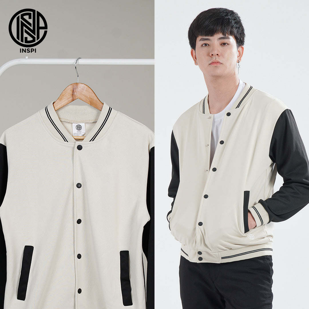 INSPI Varsity Jacket Baseball Ivory White Jersey For Men and Women w/ Buttons and Pockets Korean Bomber Jackets