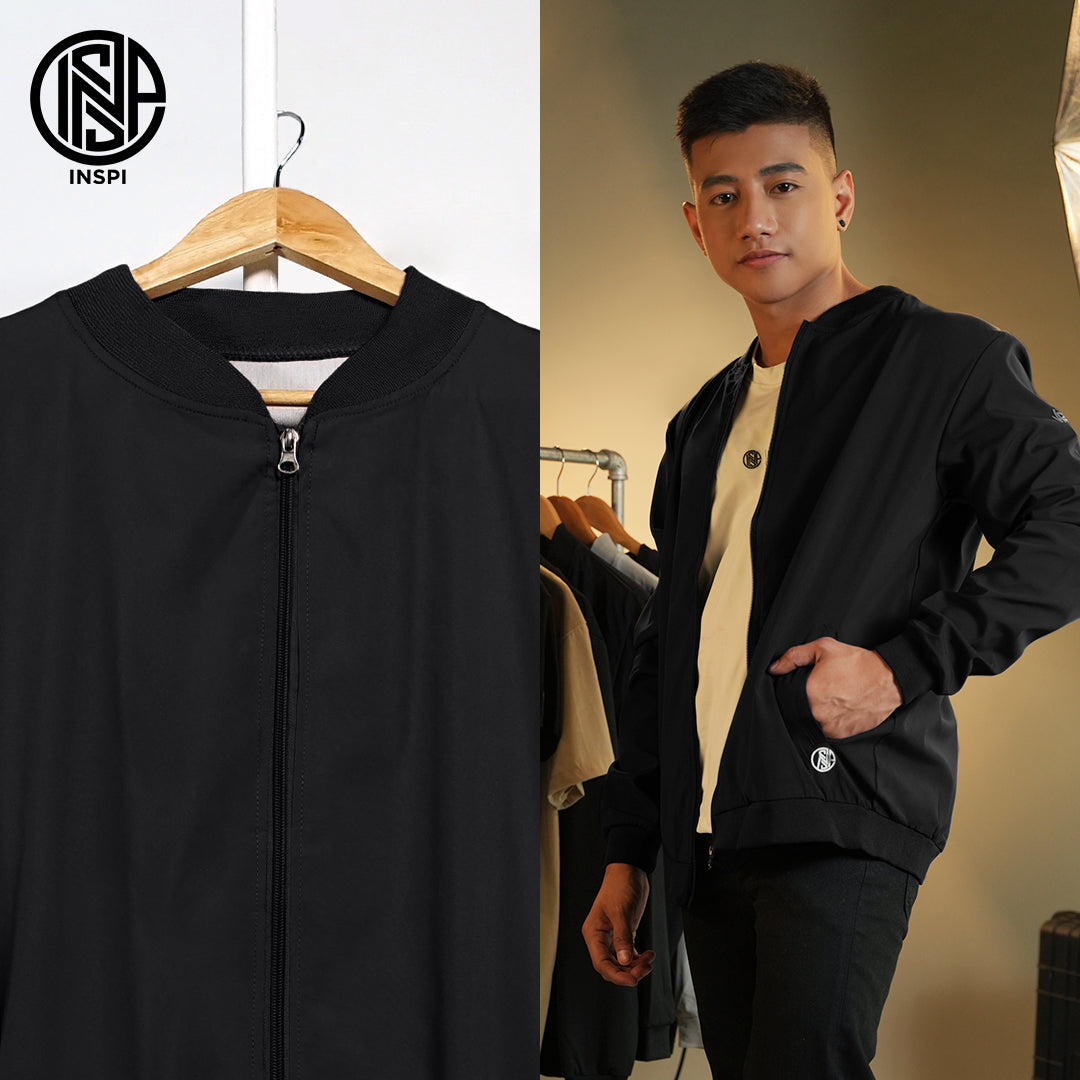 INSPI x Vrix Bomber Jacket Black for Men w/ Zipper and Pockets Plain Korean Style Motorcycle Jackets