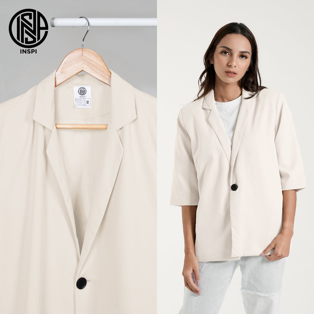 INSPI Coat Blazer Ivory For Women Half Sleeve Plain Cardigan Jacket with Button Korean Coats Tops for Men