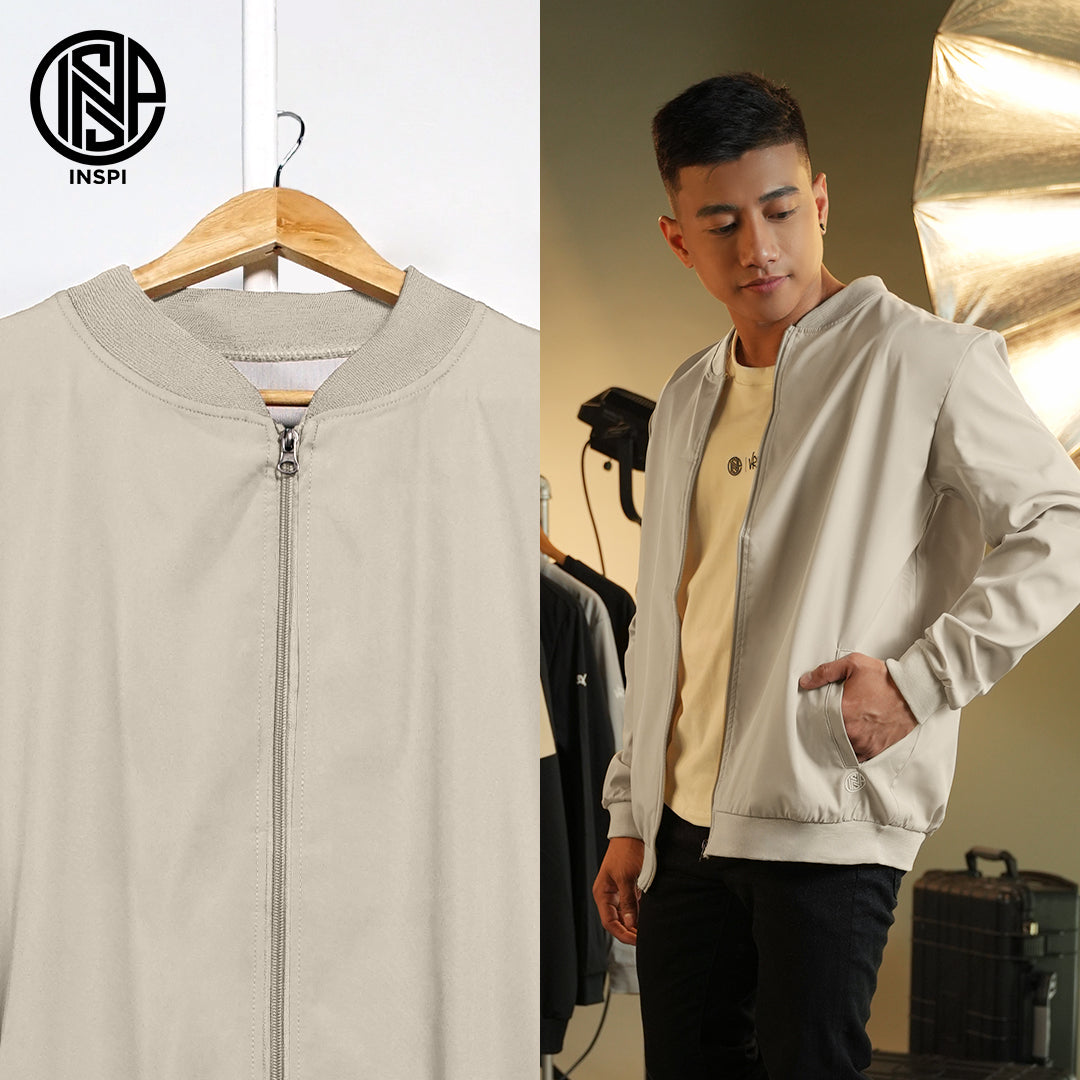 INSPI x Vrix Bomber Jacket Light Khaki for Men w/ Zipper and Pockets Plain Korean Style Motorcycle Jackets