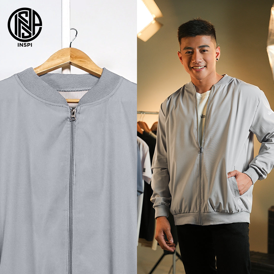 INSPI x Vrix Bomber Jacket Light Gray for Men w/ Zipper and Pockets Plain Korean Style Motorcycle Jackets