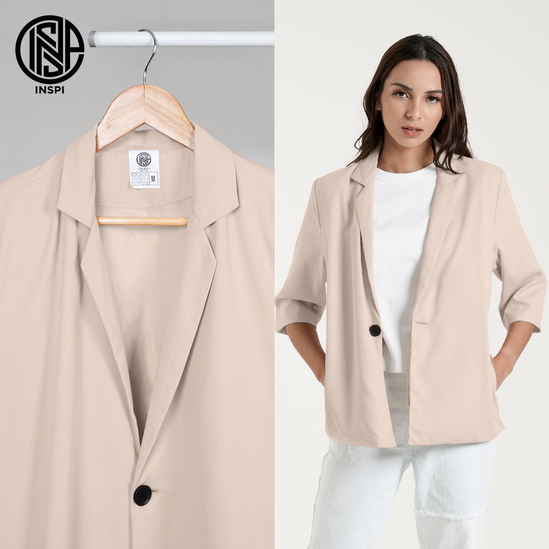 INSPI Coat Blazer Light Khaki For Women Half Sleeve Plain Cardigan Jacket with Button Korean Coats Tops for Men