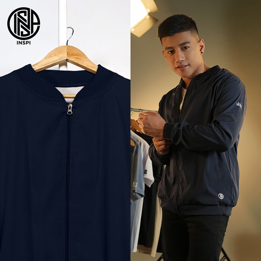 INSPI x Vrix Bomber Jacket Navy Blue for Men w/ Zipper and Pockets Plain Korean Style Motorcycle Jackets