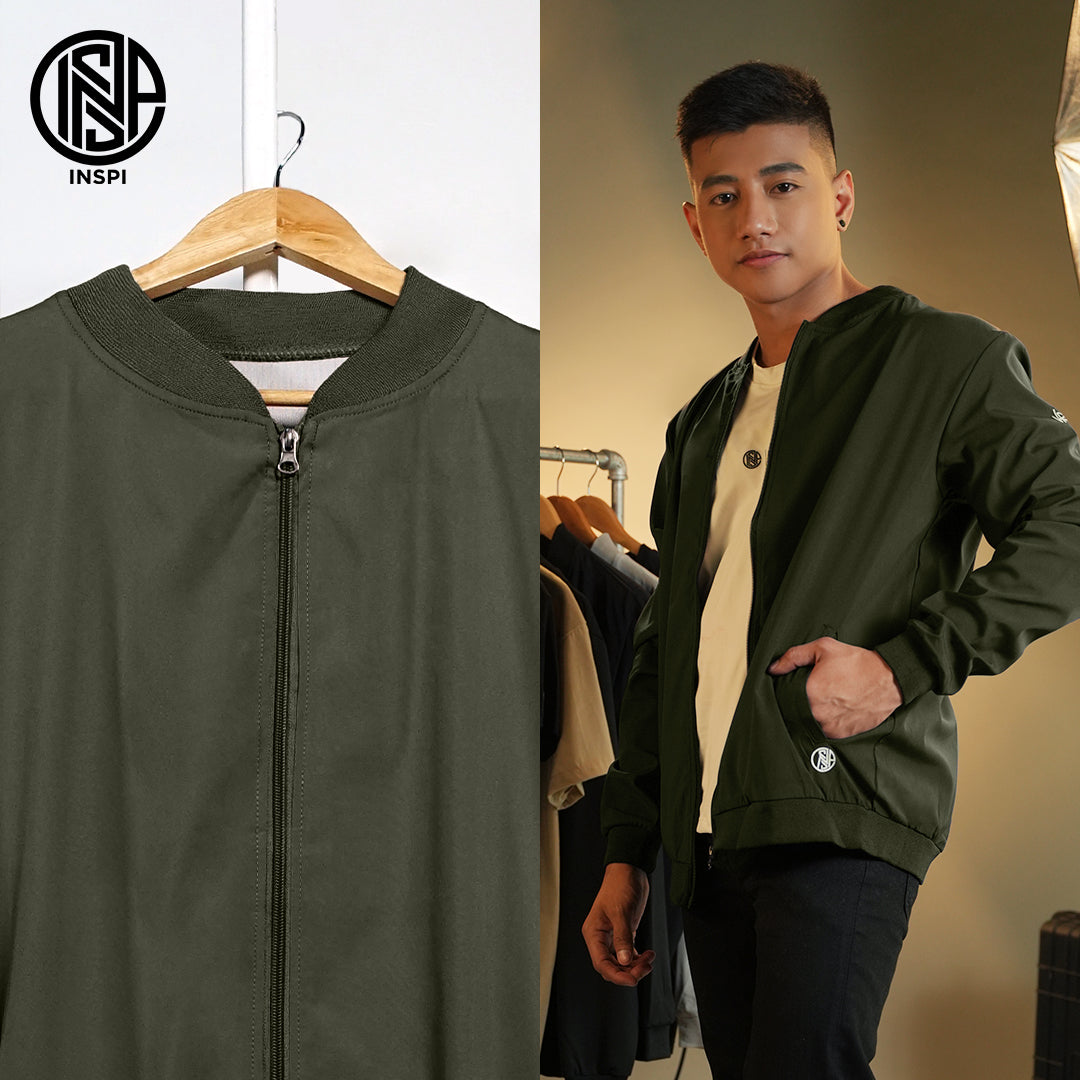 INSPI x Vrix Bomber Jacket Olive for Men w/ Zipper and Pockets Plain Korean Style Motorcycle Jackets