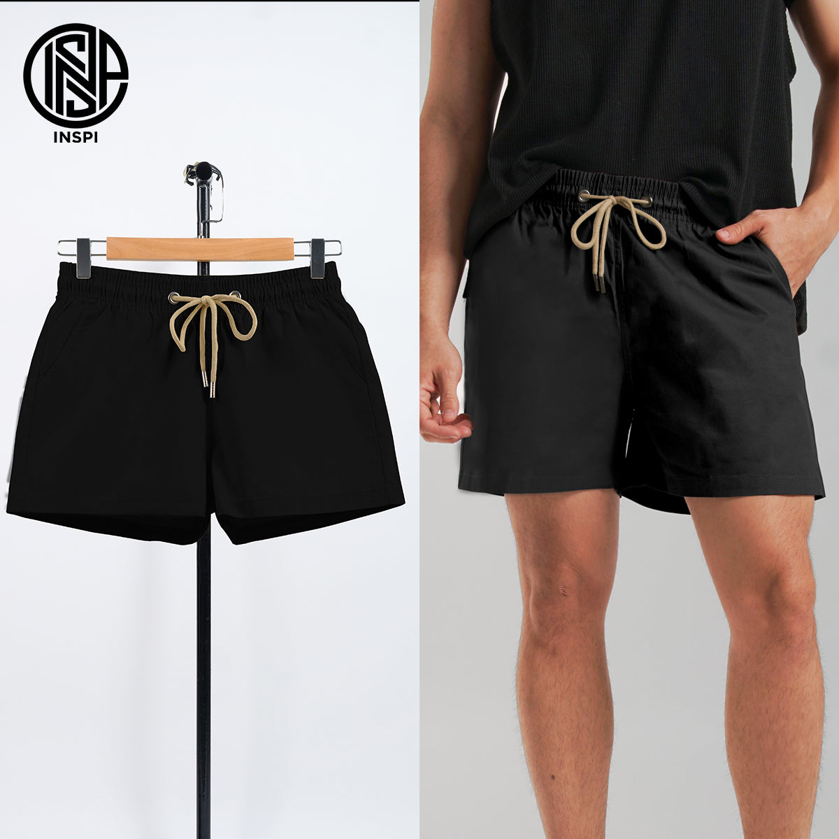 INSPI Twill Shorts Black for Men with Side Pockets Drawstring Korean Above the Knee Short for Women