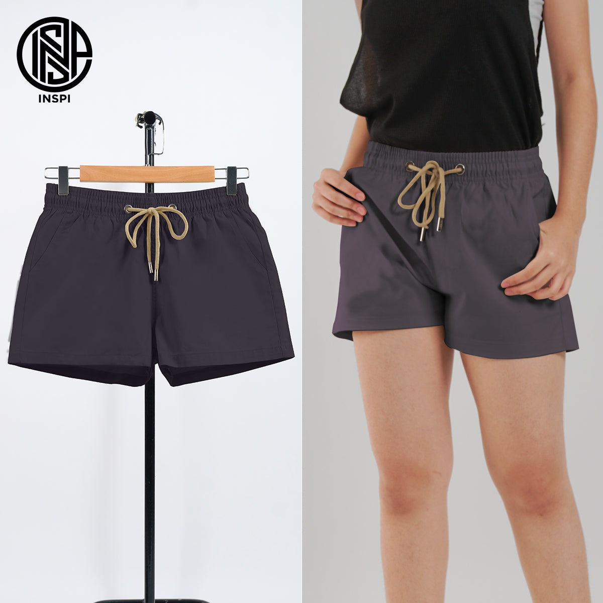 INSPI Twill Shorts Dark Gray for Men with Side Pockets Drawstring Korean Above the Knee Short for Women