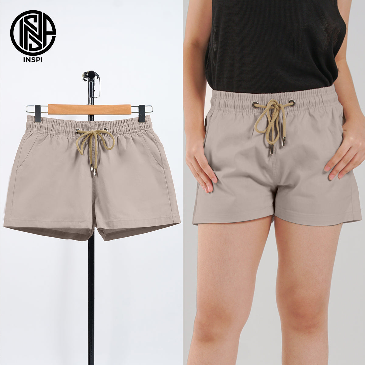 INSPI Twill Shorts Light Khaki for Men with Side Pockets Drawstring Korean Above the Knee Short for Women