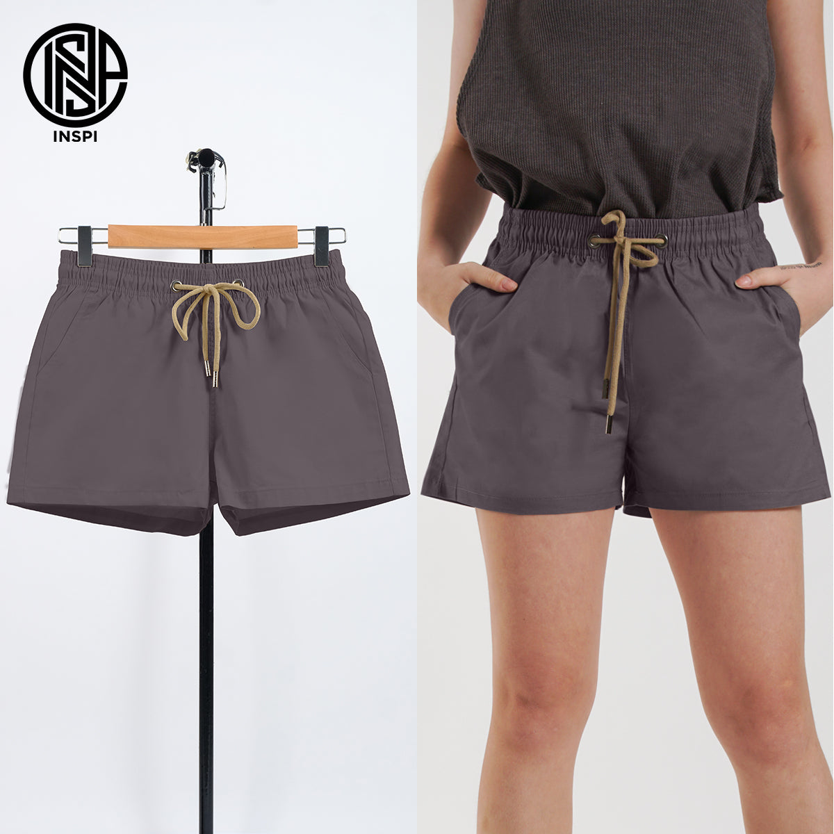 INSPI Twill Shorts Mocha for Men with Side Pockets Drawstring Korean Above the Knee Short for Women