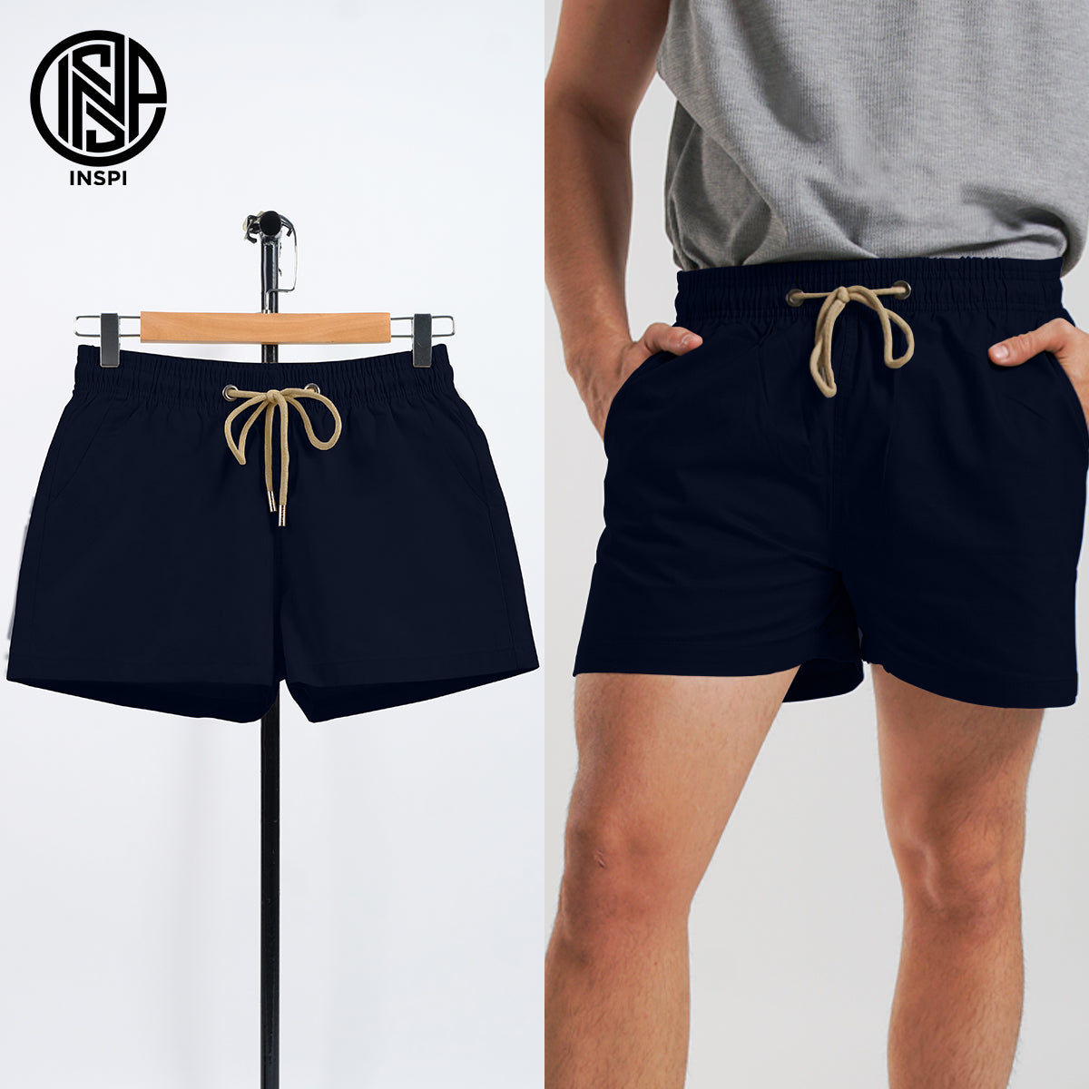 INSPI Twill Shorts Navy Blue for Men with Side Pockets Drawstring Korean Above the Knee Short for Women