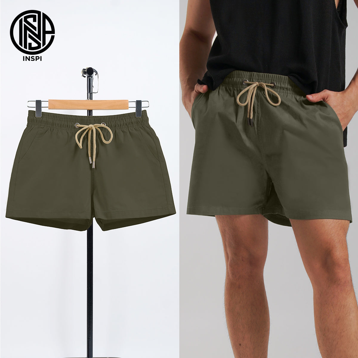 INSPI Twill Shorts Olive for Men with Side Pockets Drawstring Korean Above the Knee Short for Women