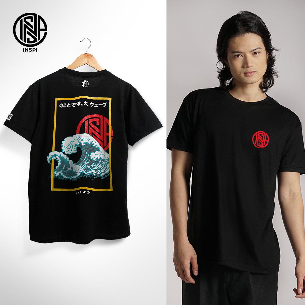 INSPI Minimal Oriental Japanese Back Wave T Shirt for Men Trendy Tops for Women Casual Printed Graphic Tee Collection Casual Tshirts