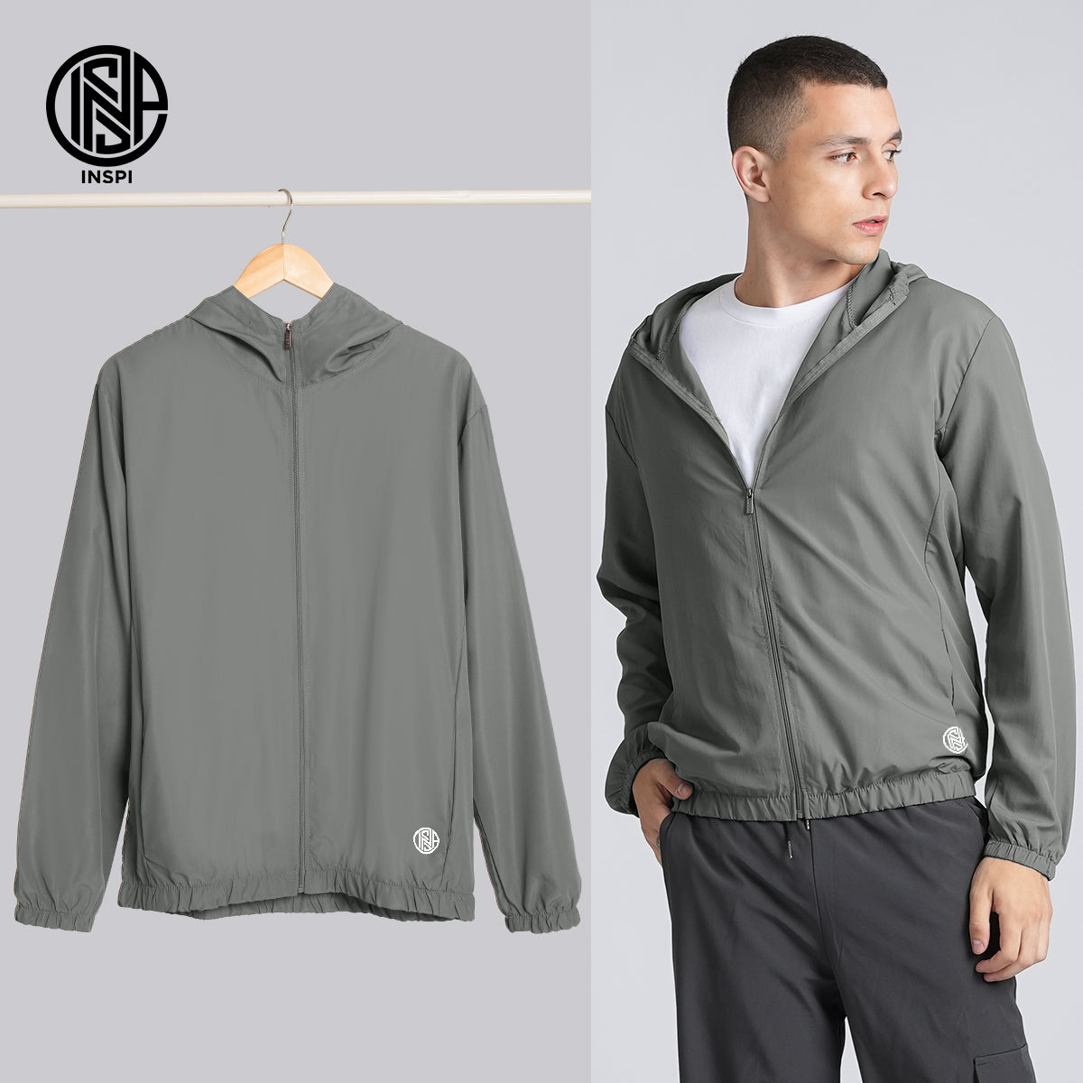 INSPI Originals Windbreaker Bomber Jacket for Men & Women w/ Zipper & Pockets Quick-Dry Hoodies Plain Motorcycle Coat 8