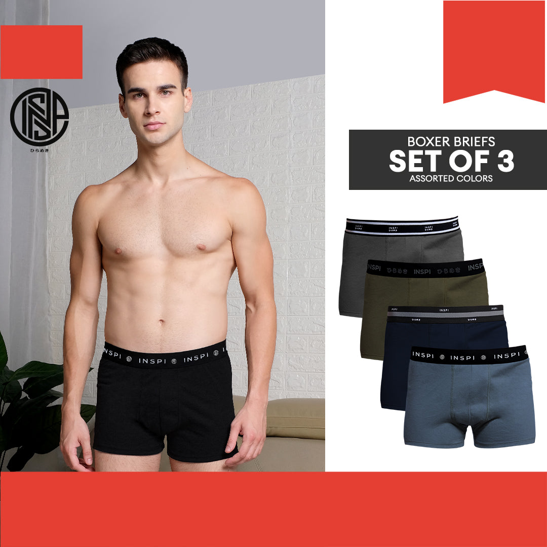 INSPI Basics 3pcs Set Boxer Brief for Man Assorted Colors Boxers Shorts Underwear for Men Black Gray Design 3