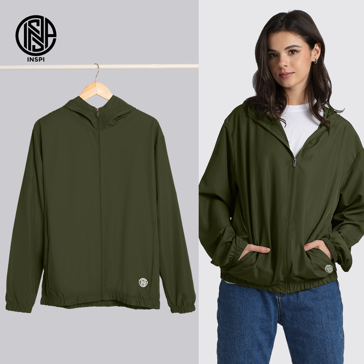 INSPI Originals Windbreaker Bomber Jacket for Men & Women w/ Zipper & Pockets Quick-Dry Hoodies Plain Motorcycle Coat 8