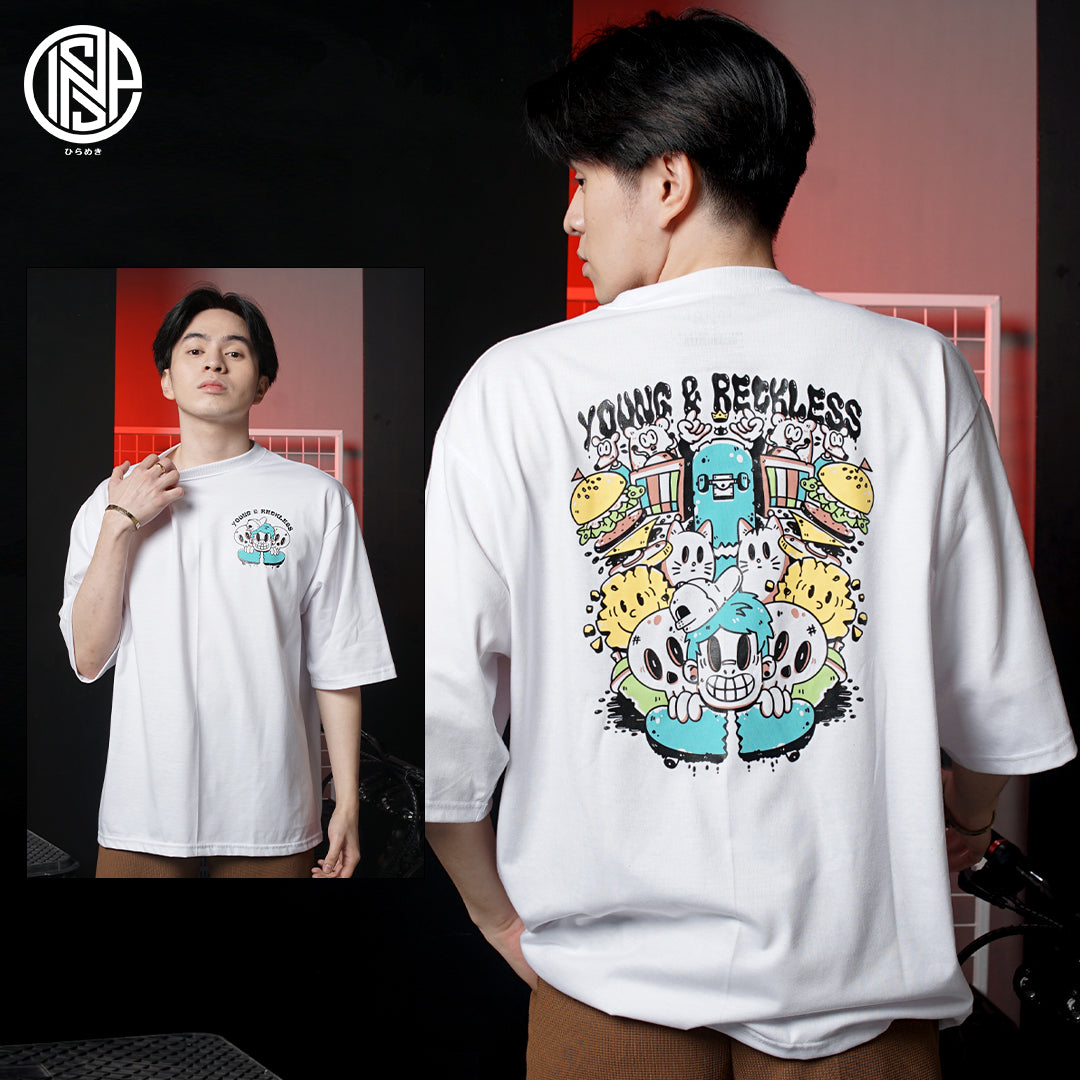 INSPI Skater Oversized Young and Reckless Tshirt for Men Trendy Tops for Women Couple Shirt Plus Size Top Graphic Tees