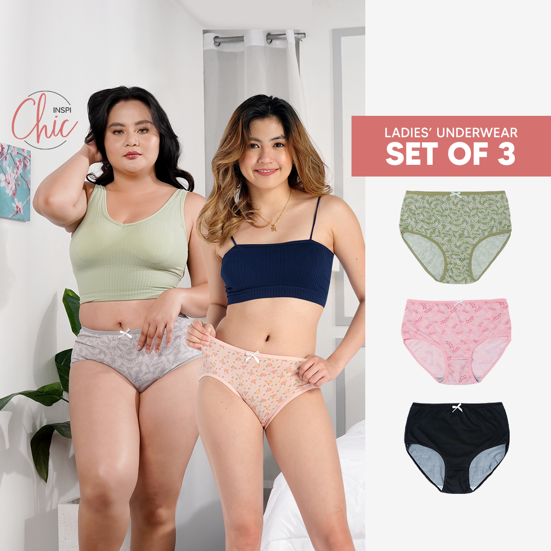 INSPI Chic 3pcs Panty for Women Plus Size or Regular Set Ribbon Printed or Plain Cotton Underwear for Woman Set B