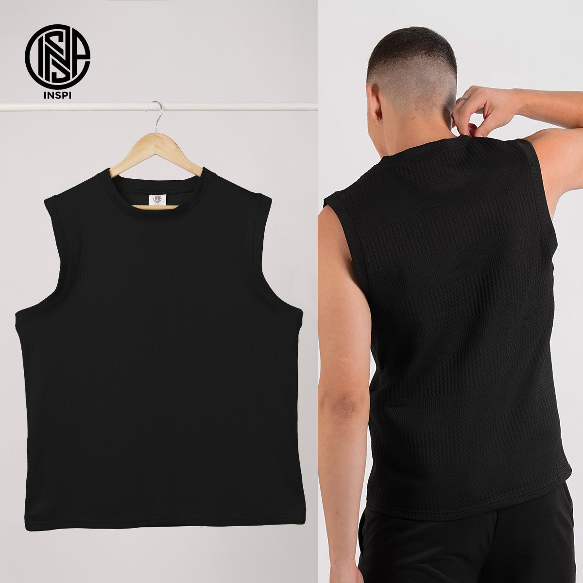 INSPI Textured Muscle Tee Collection For Men Sleeveless Stripe Black Tank Top Sando For Women Gym Workout Clothes Exercise Outfit