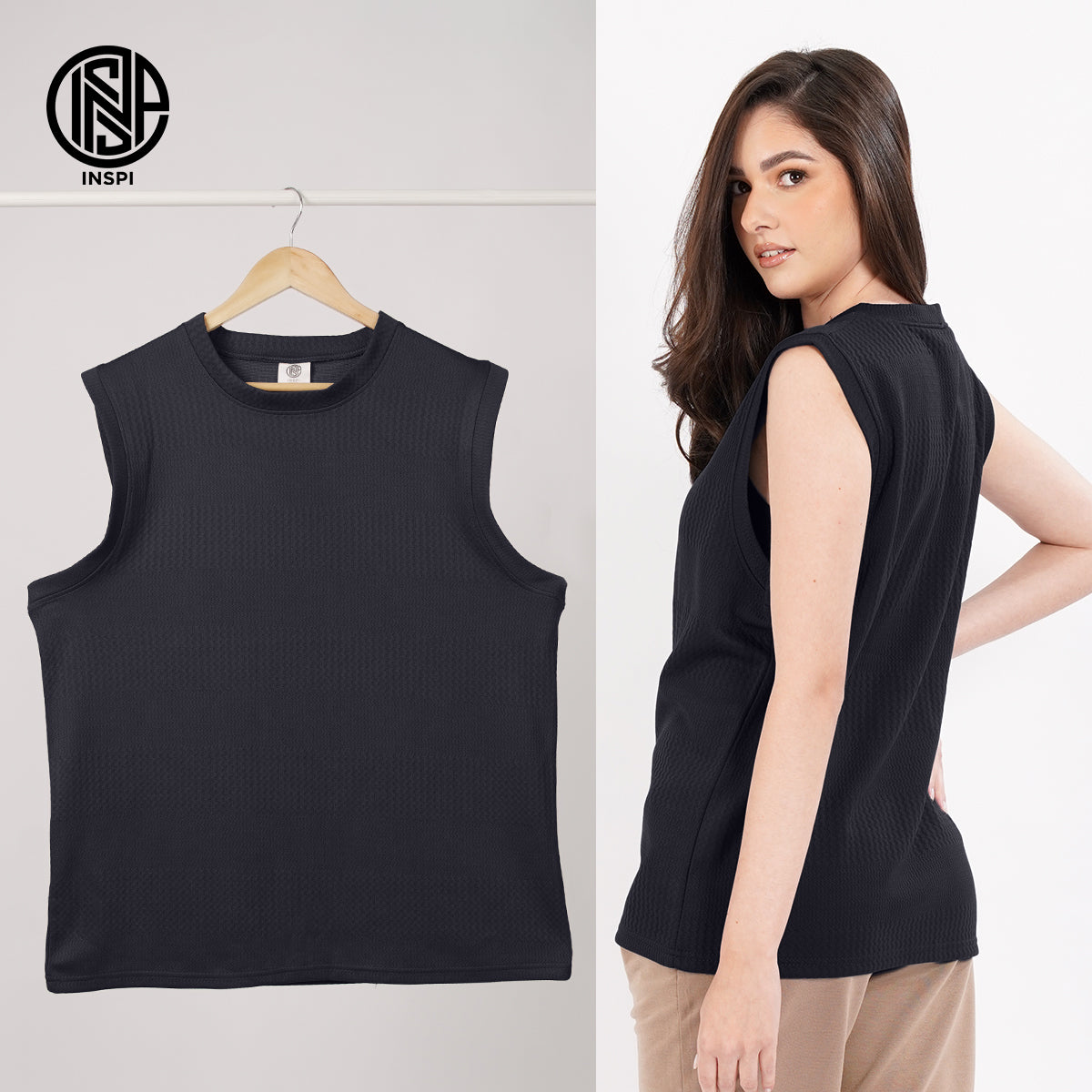 INSPI Textured Muscle Tee Collection For Men Sleeveless Striped Dark Gray Tank Top Sando For Women Gym Workout Clothes Exercise Outfit