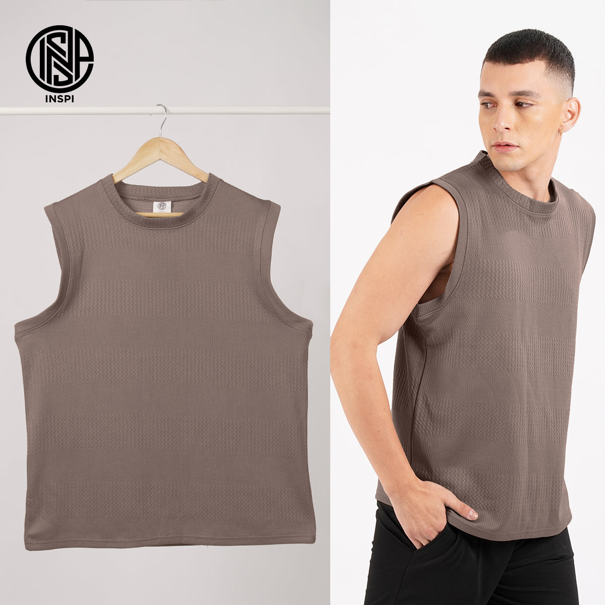 INSPI Textured Muscle Tee Collection For Men Sleeveless Striped Mocha