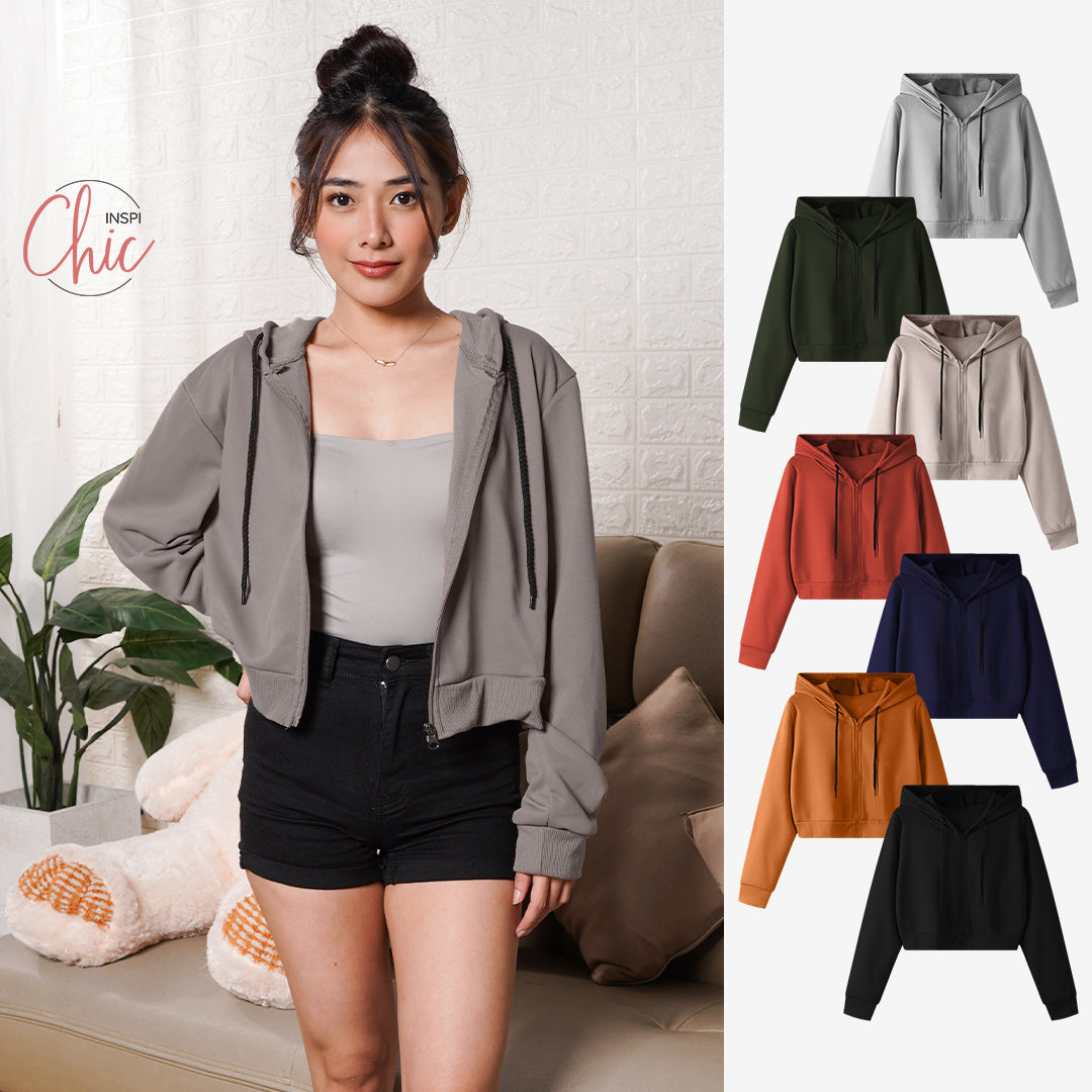 INSPI Chic Plain Crop Top Hoodie Jacket For Women w/ Pockets & Zipper Croptop for Woman Korean Tops