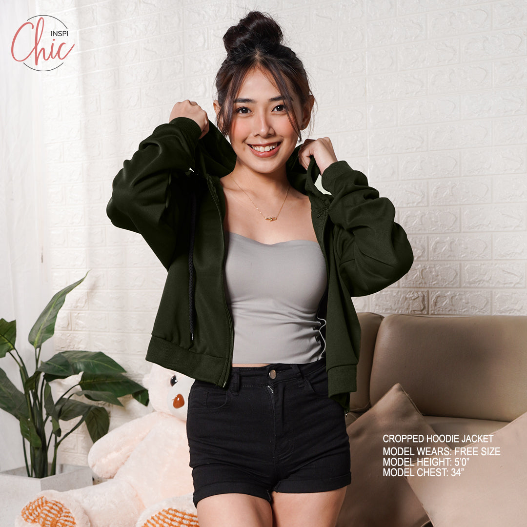 INSPI Chic Plain Crop Top Hoodie Jacket For Women w/ Pockets & Zipper Croptop for Woman Korean Tops