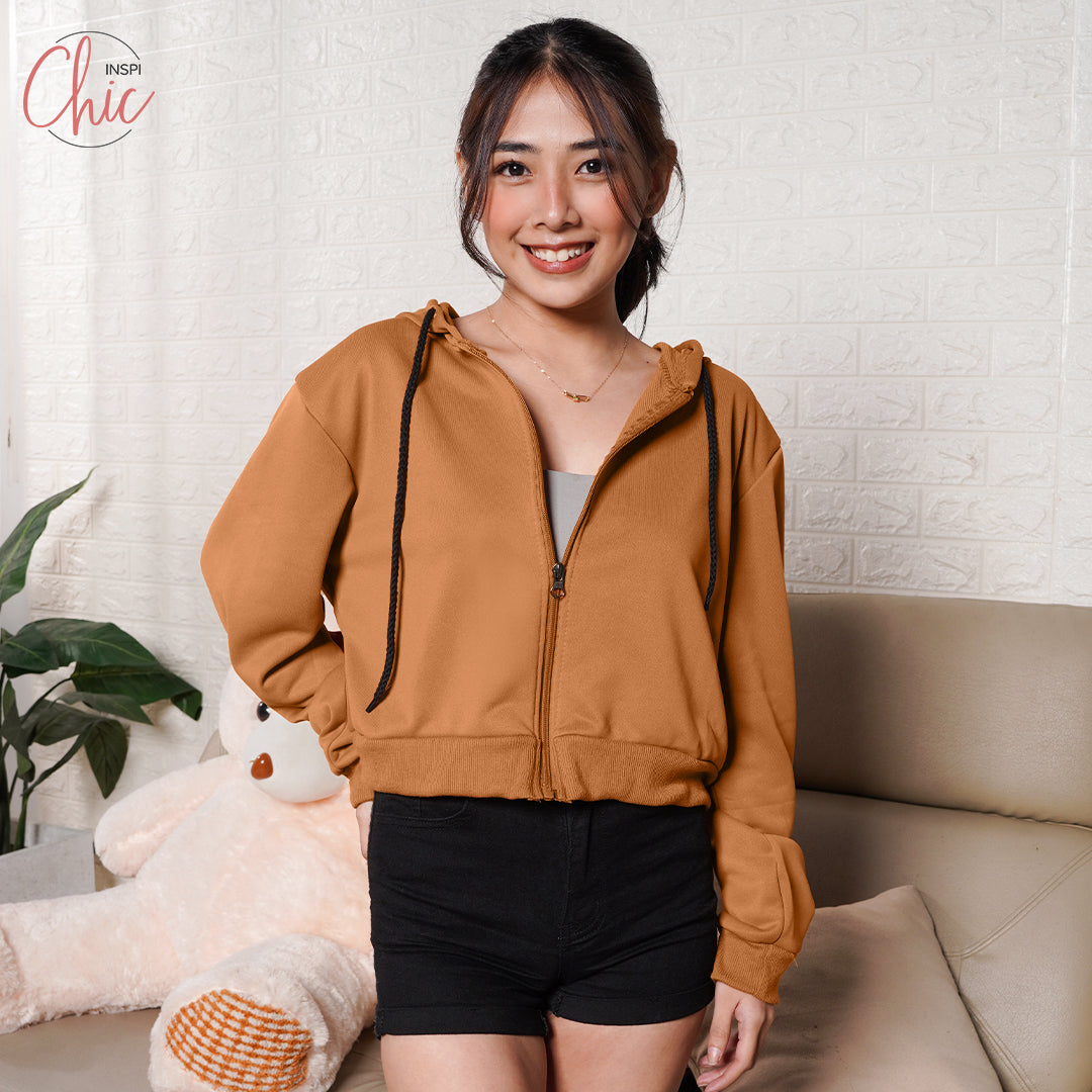 INSPI Chic Plain Crop Top Hoodie Jacket For Women w/ Pockets & Zipper Croptop for Woman Korean Tops