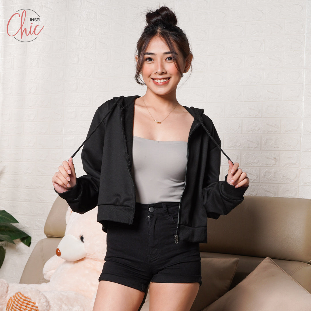 INSPI Chic Plain Crop Top Hoodie Jacket For Women w/ Pockets & Zipper Croptop for Woman Korean Tops