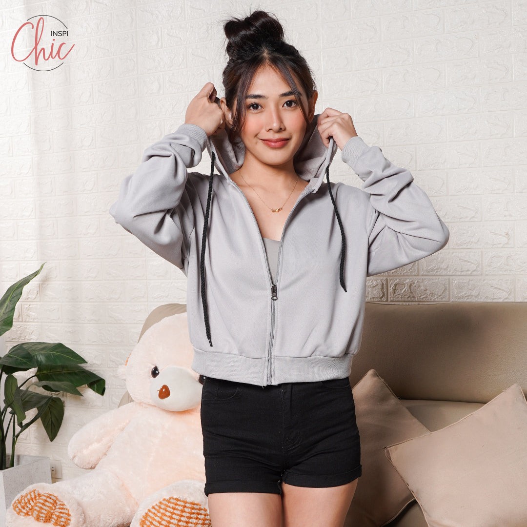 INSPI Chic Plain Crop Top Hoodie Jacket For Women w/ Pockets & Zipper Croptop for Woman Korean Tops