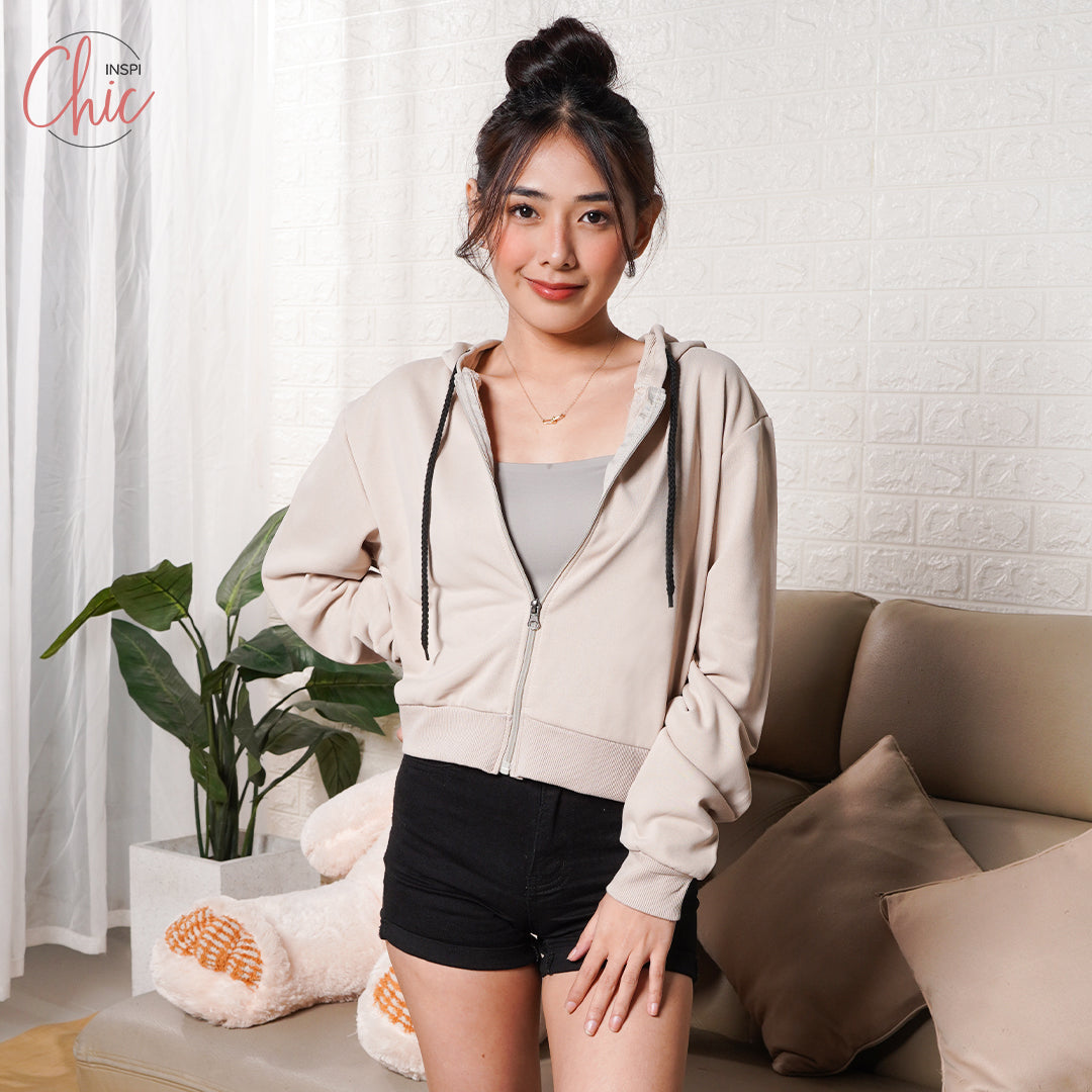 INSPI Chic Plain Crop Top Hoodie Jacket For Women w/ Pockets & Zipper Croptop for Woman Korean Tops