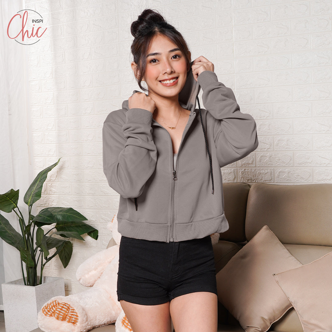 INSPI Chic Plain Crop Top Hoodie Jacket For Women w/ Pockets & Zipper Croptop for Woman Korean Tops