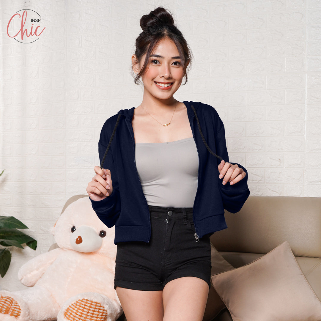 INSPI Chic Plain Crop Top Hoodie Jacket For Women w/ Pockets & Zipper Croptop for Woman Korean Tops