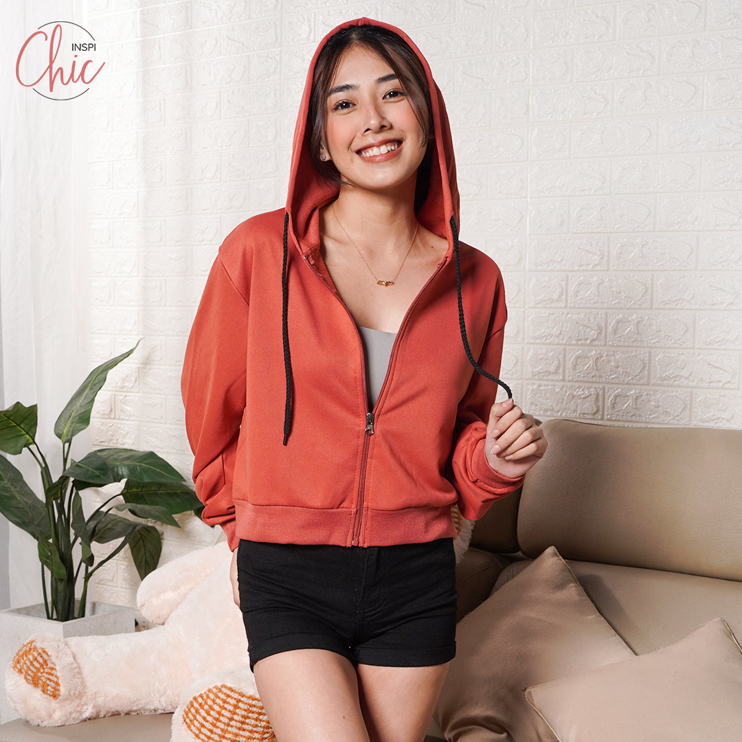 INSPI Chic Plain Crop Top Hoodie Jacket For Women w/ Pockets & Zipper Croptop for Woman Korean Tops