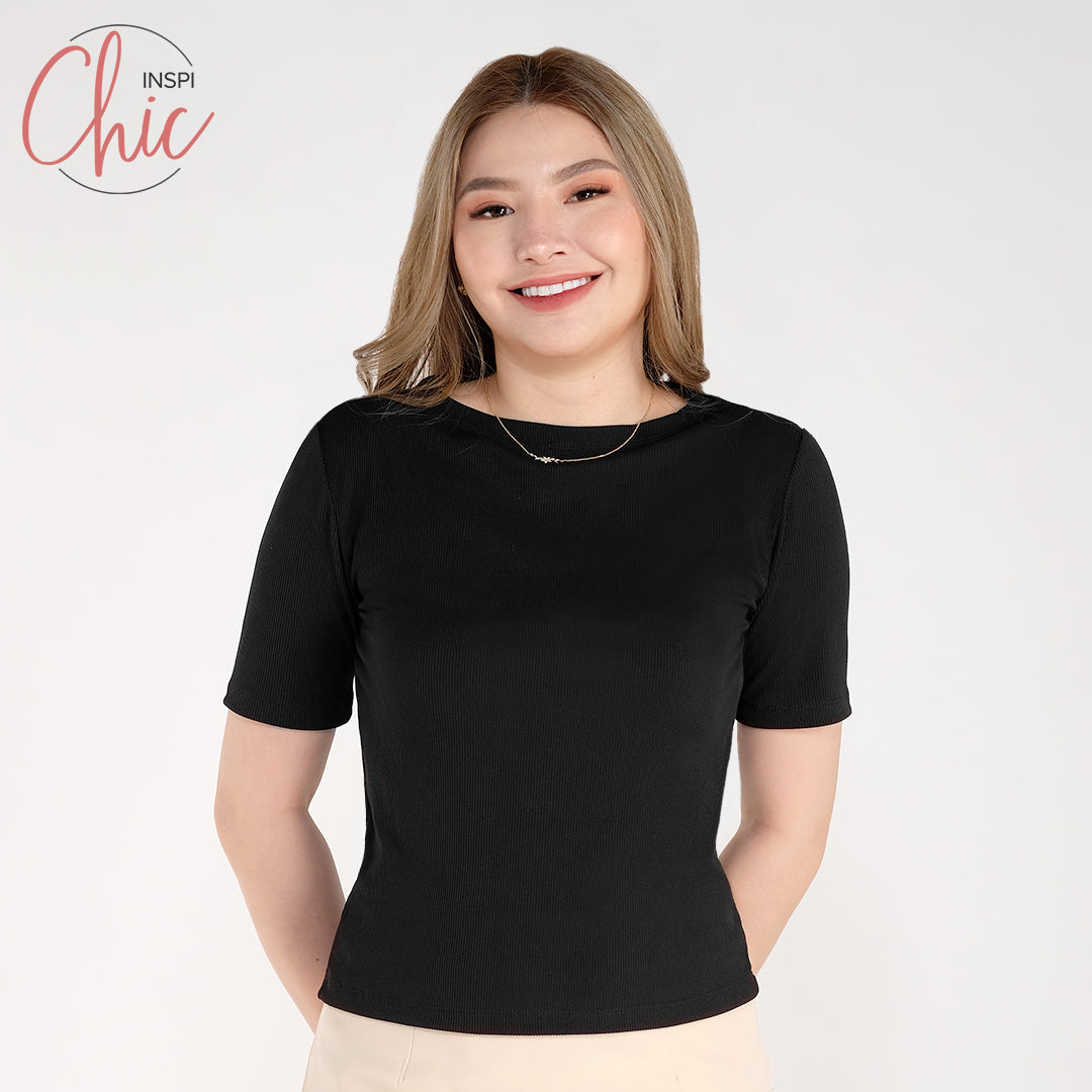 INSPI Chic Trendy Curve Ribbed Boat Neck Trendy Top Shirt Sleeveless Top Long Sleeve for Women