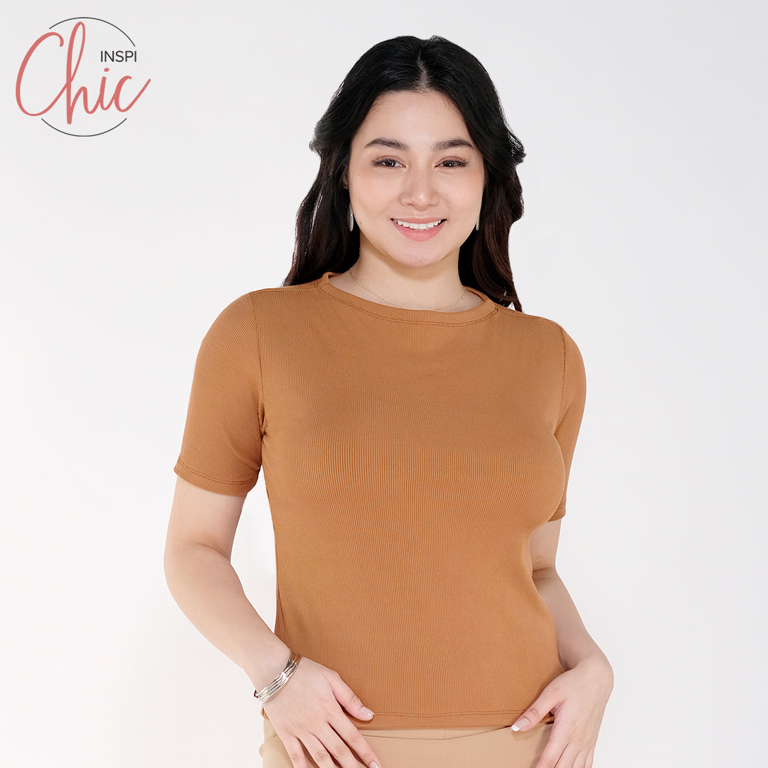INSPI Chic Trendy Curve Ribbed Boat Neck Trendy Top Shirt Sleeveless Top Long Sleeve for Women
