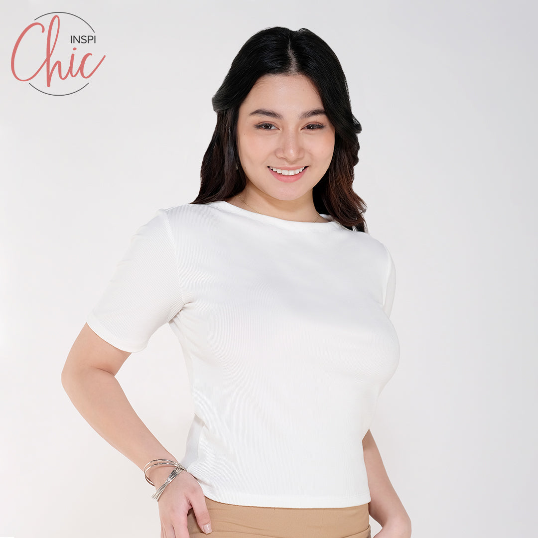 INSPI Chic Trendy Curve Ribbed Boat Neck Trendy Top Shirt Sleeveless Top Long Sleeve for Women