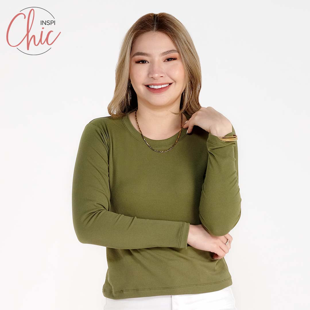 INSPI Chic Trendy Curve Ribbed Long Sleeves Neck Trendy Tops Shirt Blouse Top Long Sleeve for Women