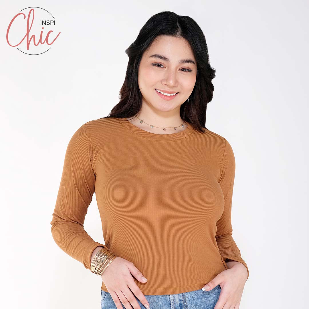 INSPI Chic Trendy Curve Ribbed Long Sleeves Neck Trendy Tops Shirt Blouse Top Long Sleeve for Women