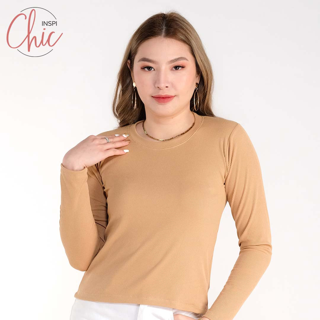 INSPI Chic Trendy Curve Ribbed Long Sleeves Neck Trendy Tops Shirt Blouse Top Long Sleeve for Women