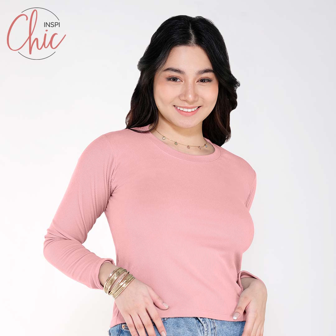 INSPI Chic Trendy Curve Ribbed Long Sleeves Neck Trendy Tops Shirt Blouse Top Long Sleeve for Women