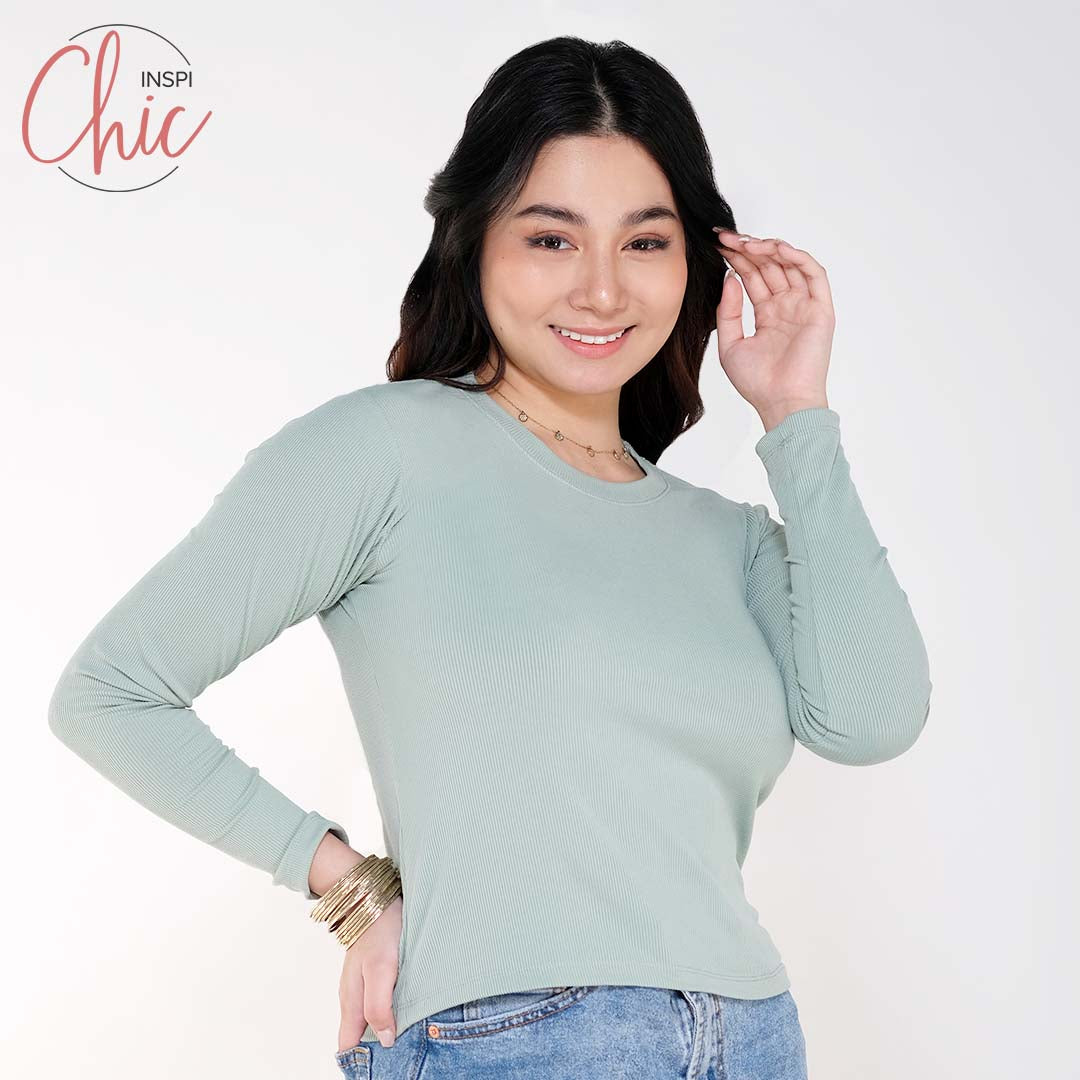 INSPI Chic Trendy Curve Ribbed Long Sleeves Neck Trendy Tops Shirt Blouse Top Long Sleeve for Women